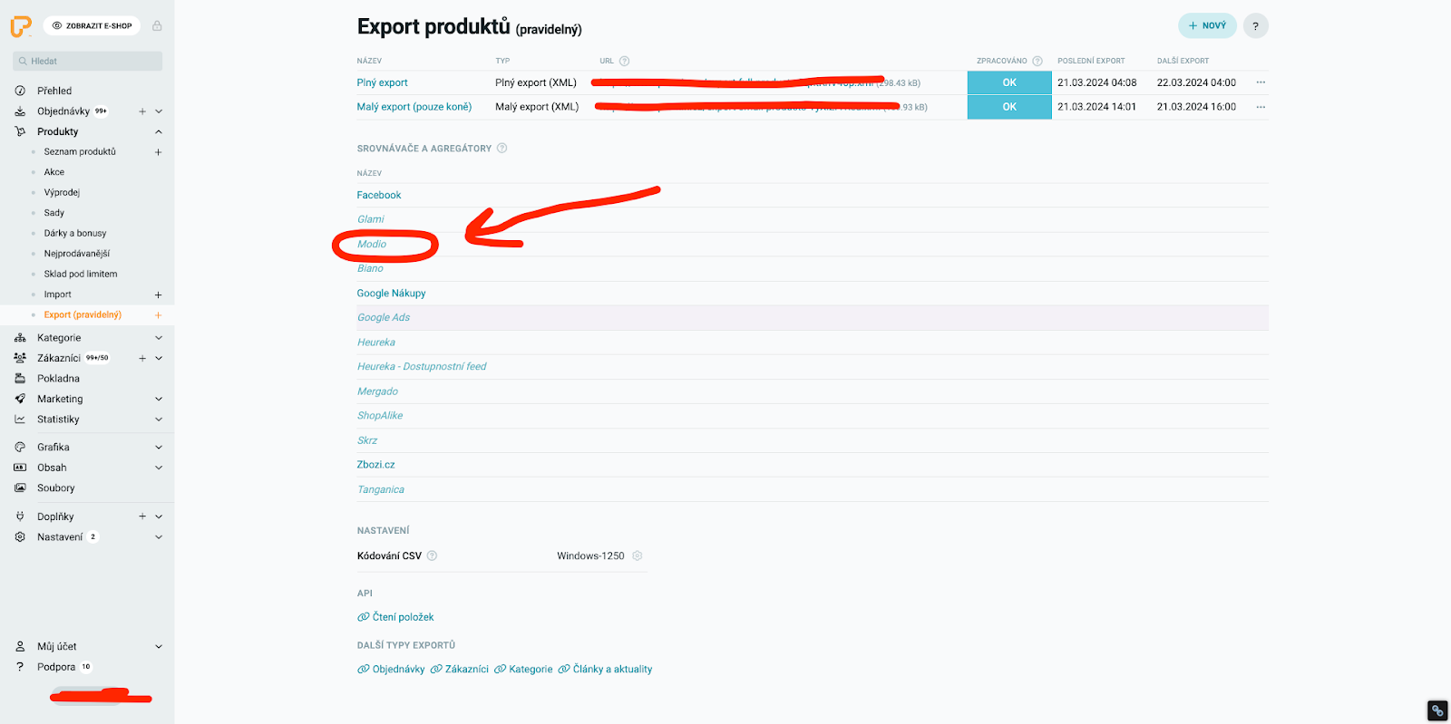 modio export produktů